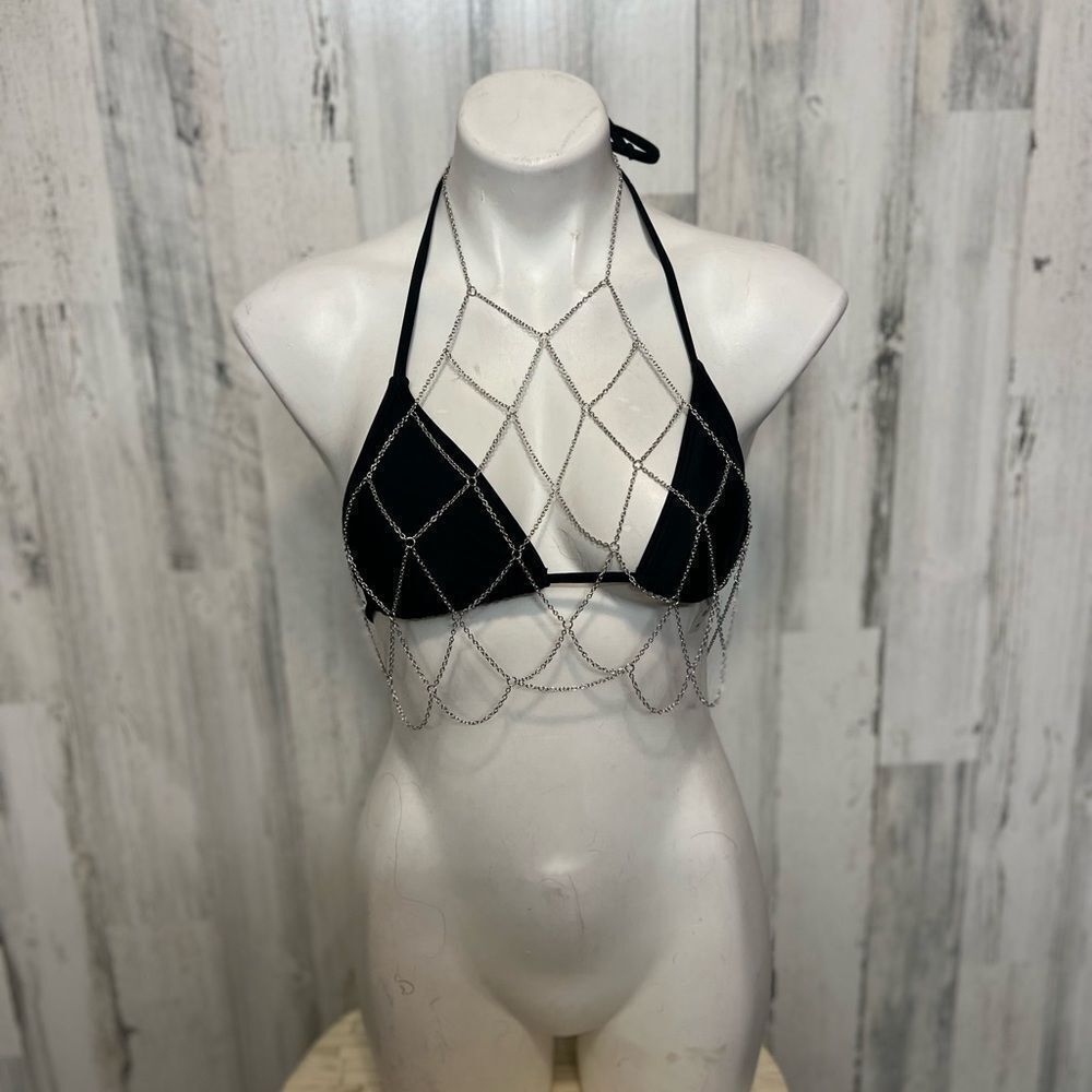 Black Triangle Bikini Top Silver Chain Body Jewelry Festival Rave Top Small